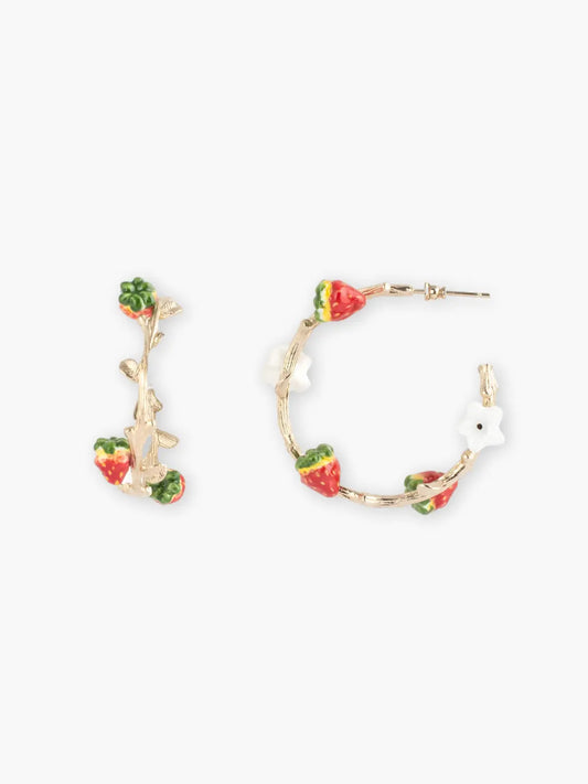 Boucles d'oreilles créoles branche fraises et fleur