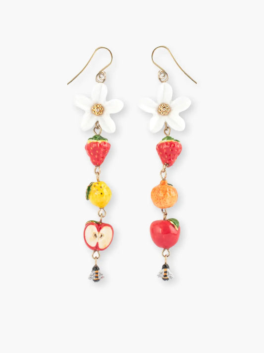 Boucles d’oreilles pendantes fleur, fruits et abeille