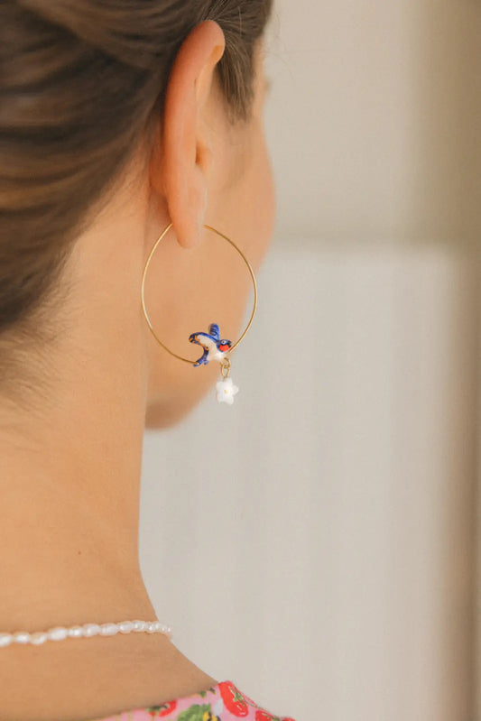 Boucles d'oreilles créoles hirondelle et fleur