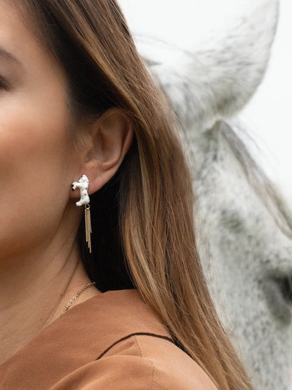 Boucles d'oreilles puces -  cheval blanc avec chaînes