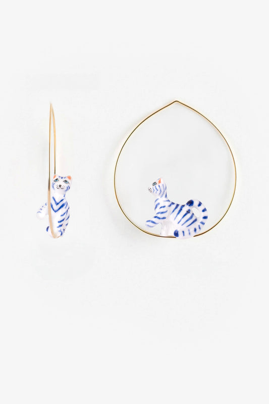 Large blue and white cat hoop earrings