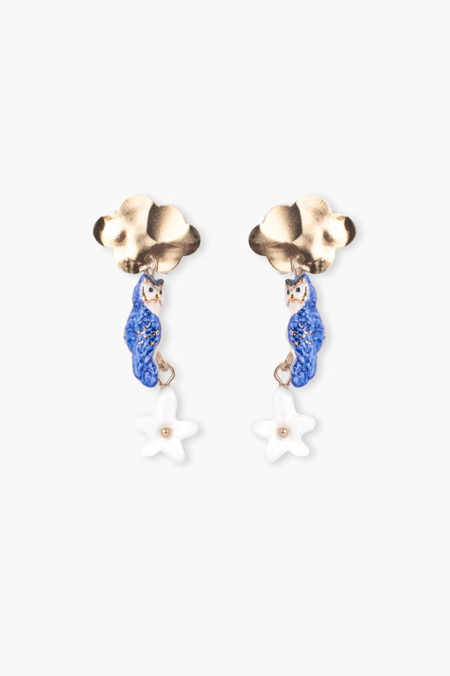 Cloud, owl and jasmine drop earrings
