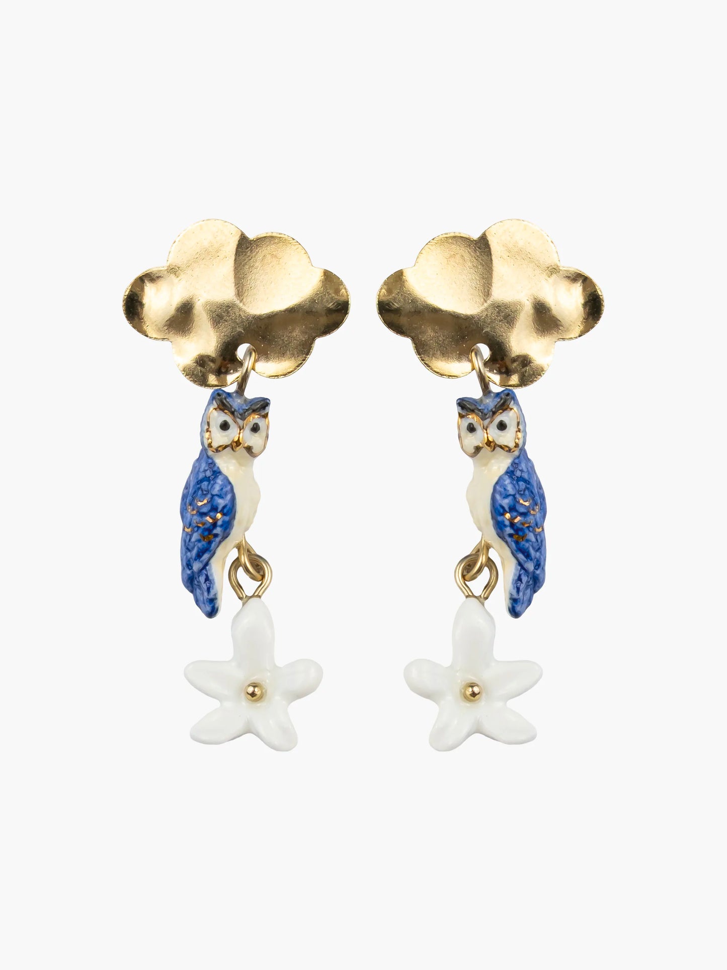 Boucles d’oreilles pendantes nuage, chouette et jasmin
