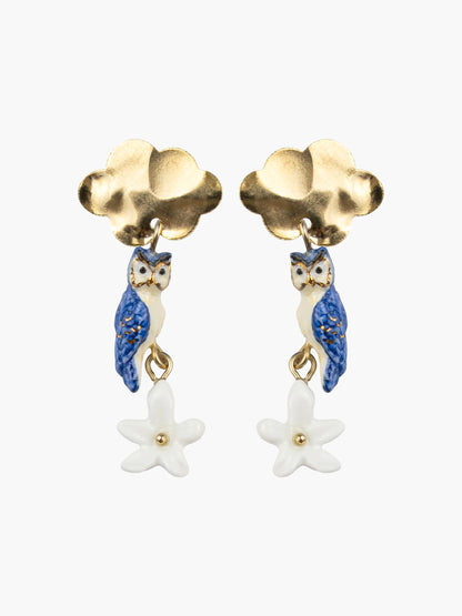 Boucles d’oreilles pendantes nuage, chouette et jasmin