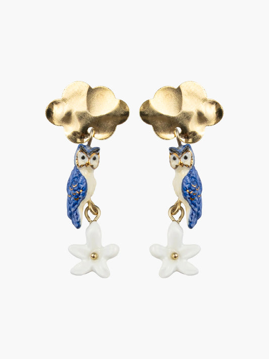 Boucles d’oreilles pendantes nuage, chouette et jasmin