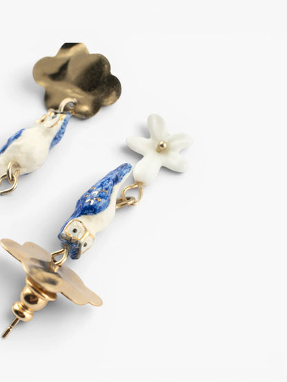 Boucles d’oreilles pendantes nuage, chouette et jasmin