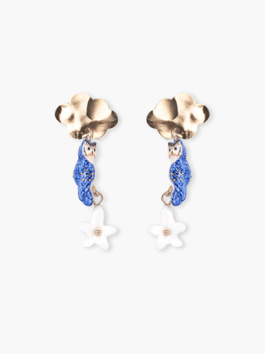 Orecchini pendenti con nuvola, gufo e gelsomino