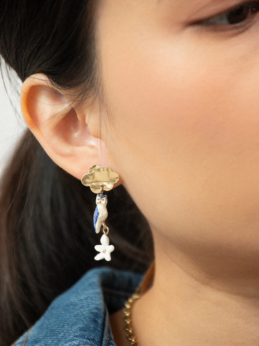 Boucles d’oreilles pendantes nuage, chouette et jasmin