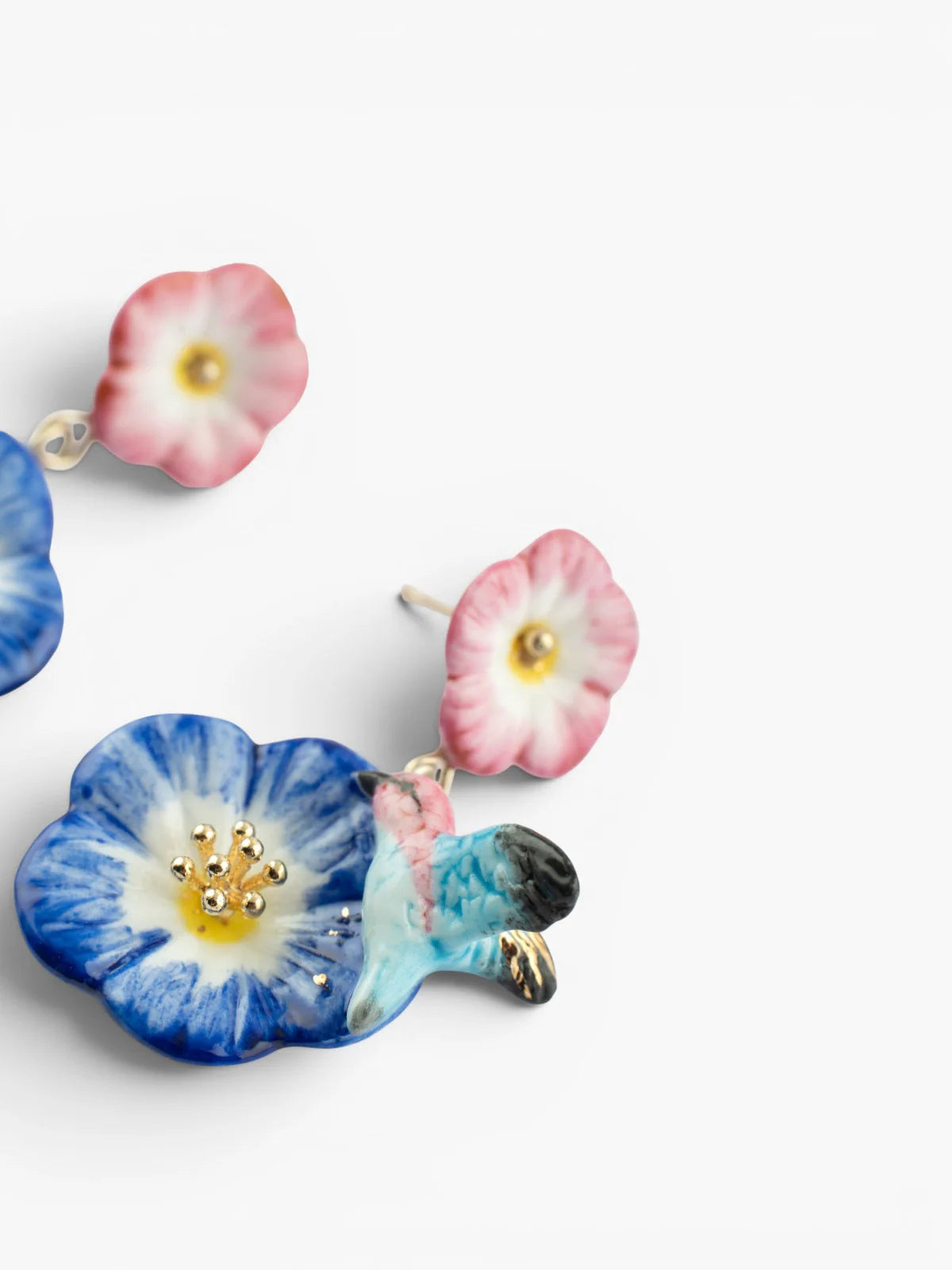 Boucles d’oreilles pendantes roses célestes et colibri