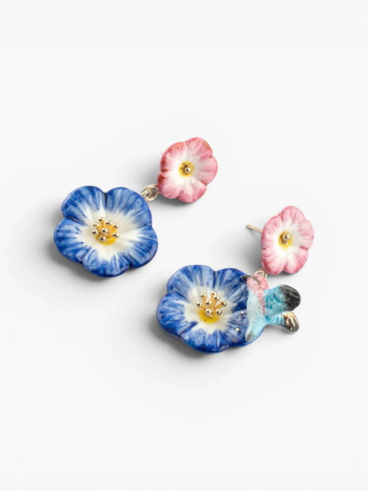 Boucles d’oreilles pendantes roses célestes et colibri