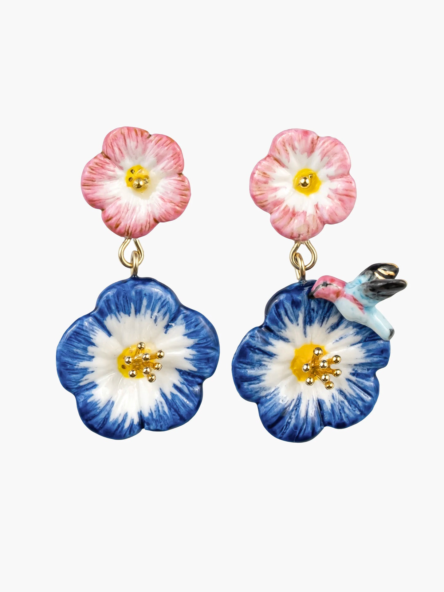 Boucles d’oreilles pendantes roses célestes et colibri