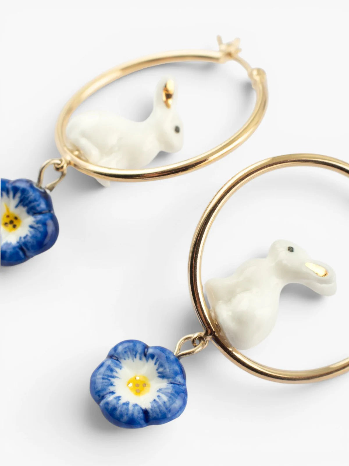 Créoles rondes lapin et fleur bleue