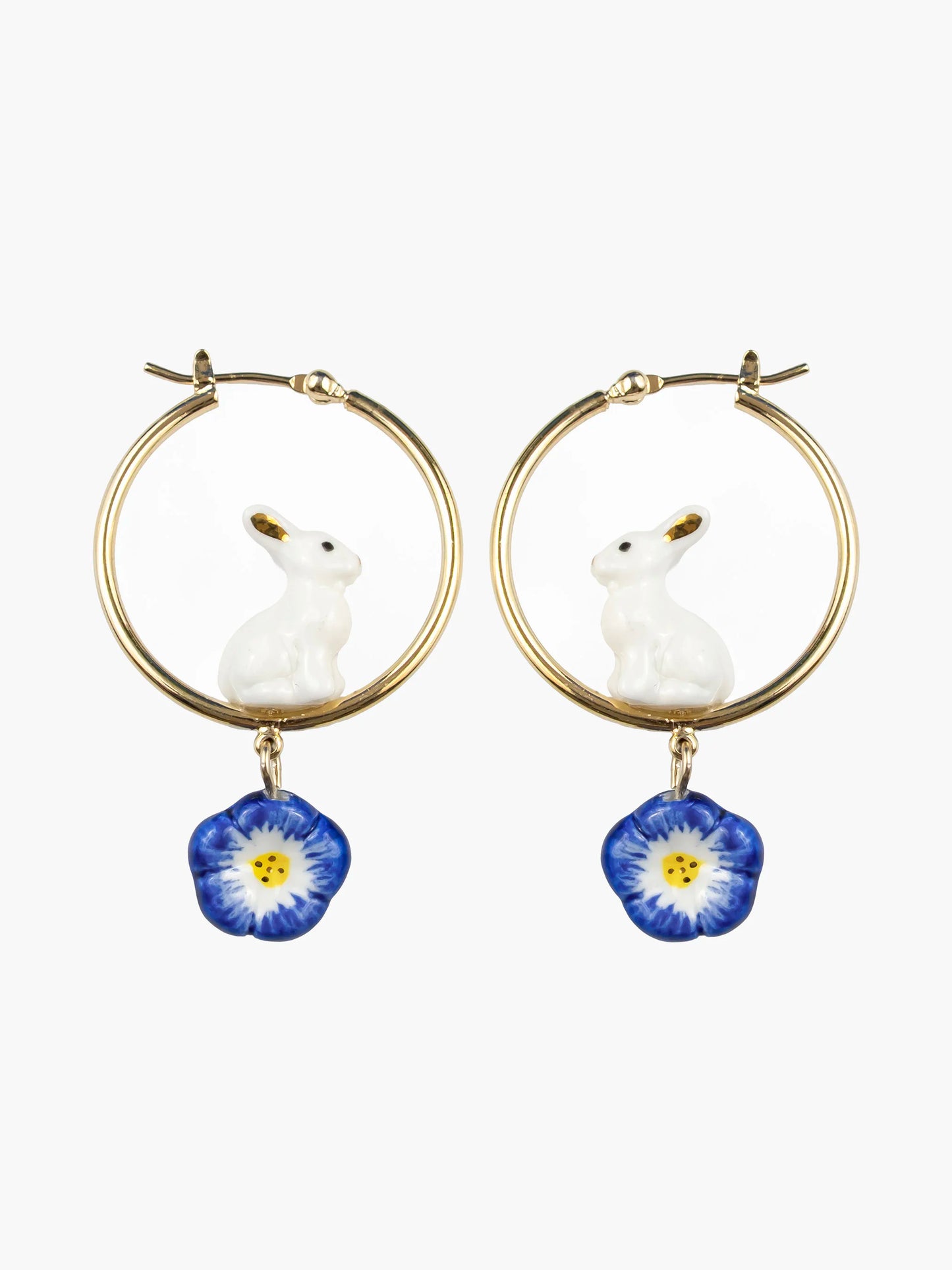 Créoles rondes lapin et fleur bleue