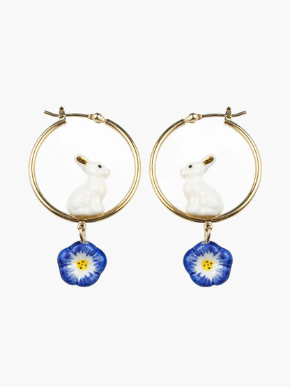 Créoles rondes lapin et fleur bleue