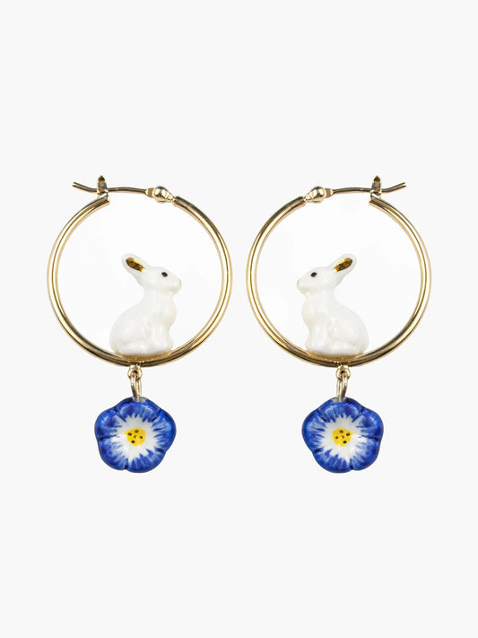 Créoles rondes lapin et fleur bleue
