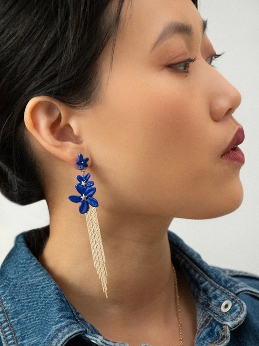 Boucles d’oreilles franges fleurs de jasmin bleue