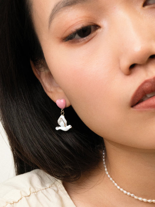 Heart and dove drop earrings - Pink October