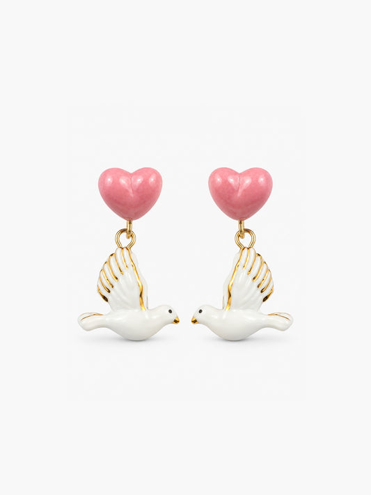 Heart and dove drop earrings - Pink October