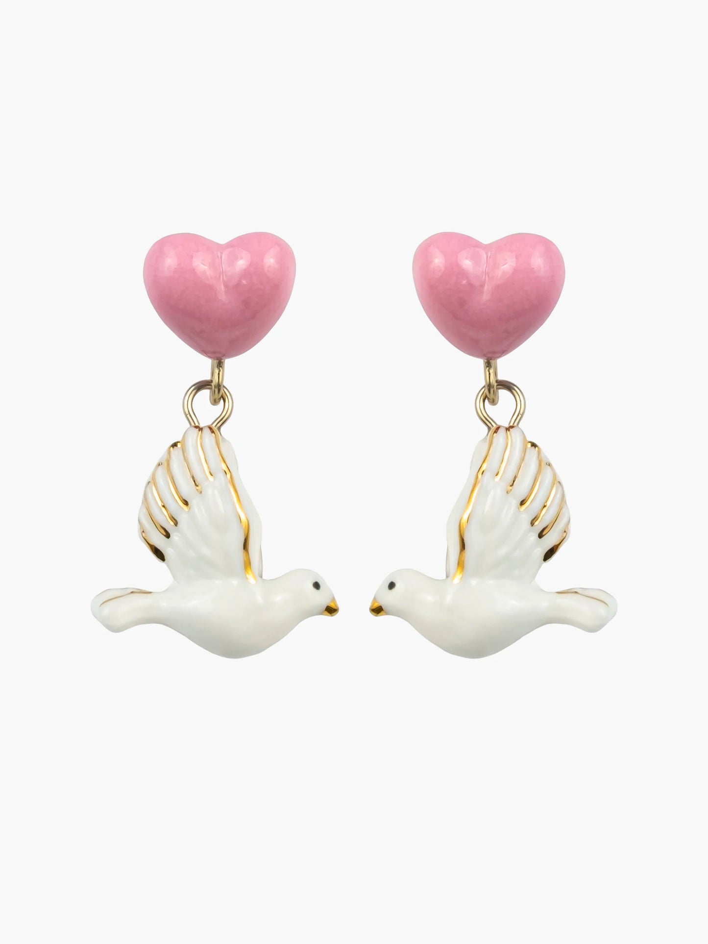 Boucles d'oreilles pendantes cœur et colombe - Octobre rose