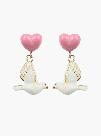 Boucles d'oreilles pendantes cœur et colombe - Octobre rose
