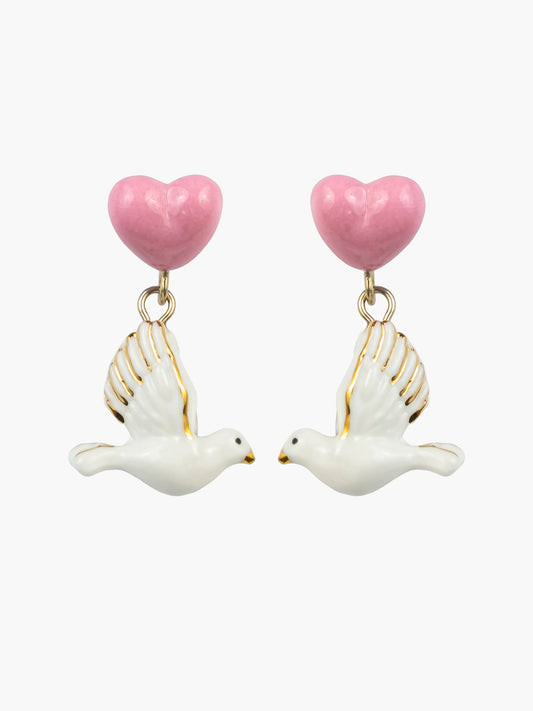Boucles d'oreilles pendantes cœur et colombe - Octobre rose