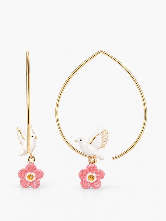 Medium-sized Creole earrings with dove and flower design - Pink October