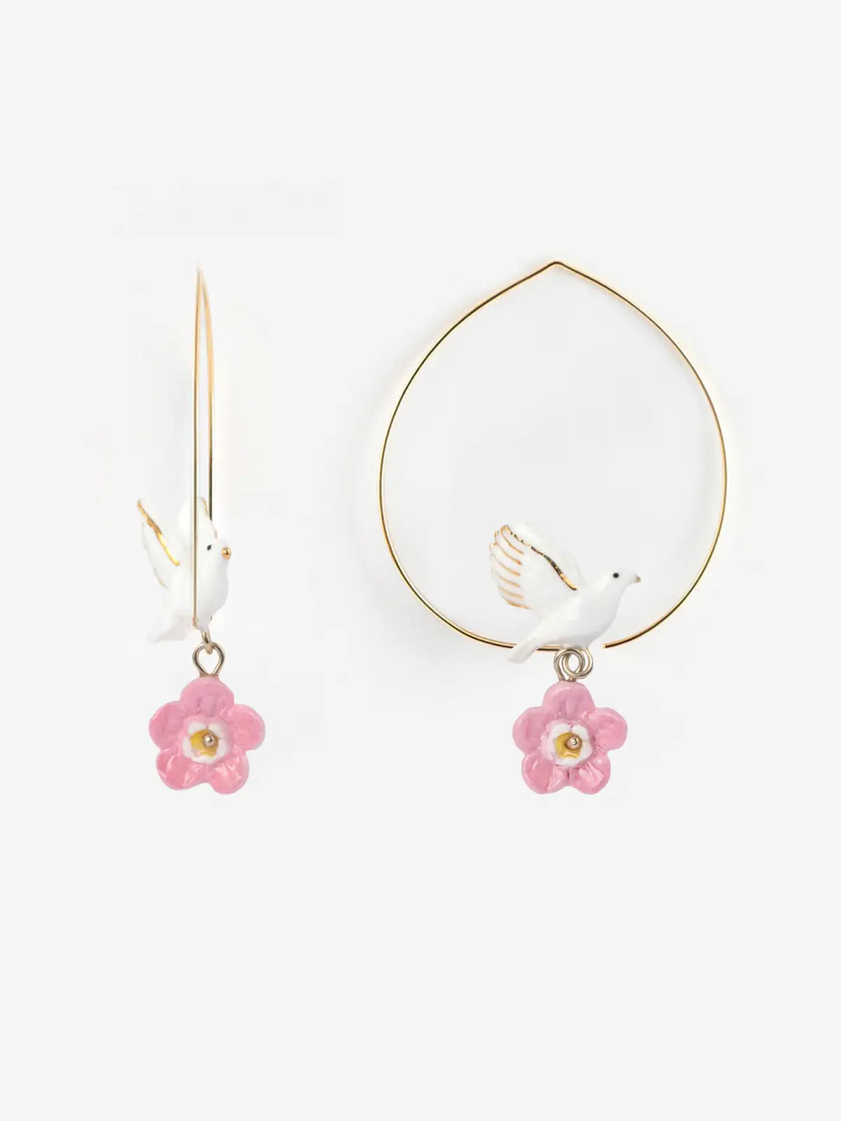 Medium-sized Creole earrings with dove and flower design - Pink October