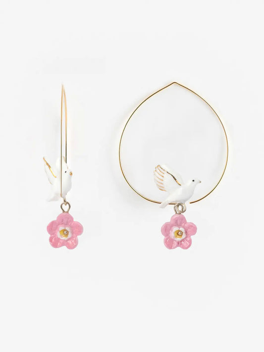 Medium-sized Creole earrings with dove and flower design - Pink October