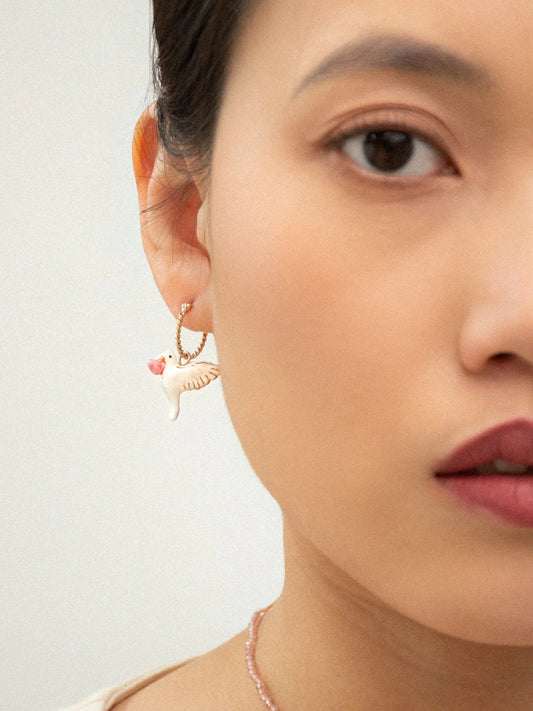 Mini hoop earrings with dove and heart for Pink October - Sold individually