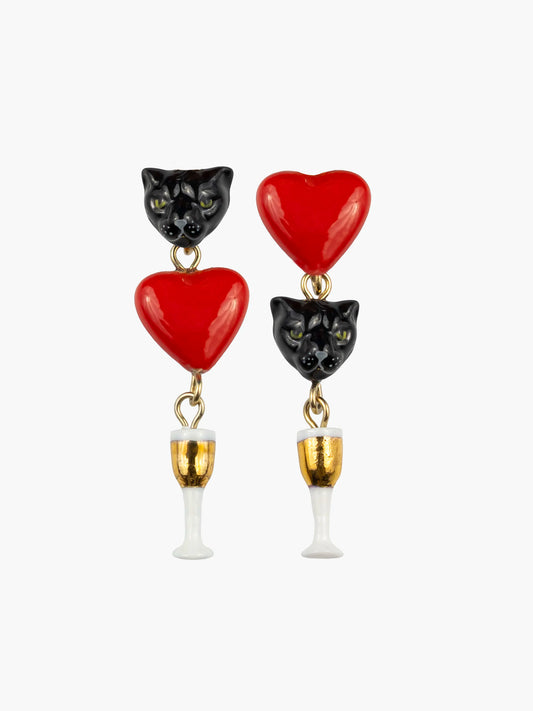 Boucles d'oreilles pendantes panthère, cœur et champagne - 15 ans