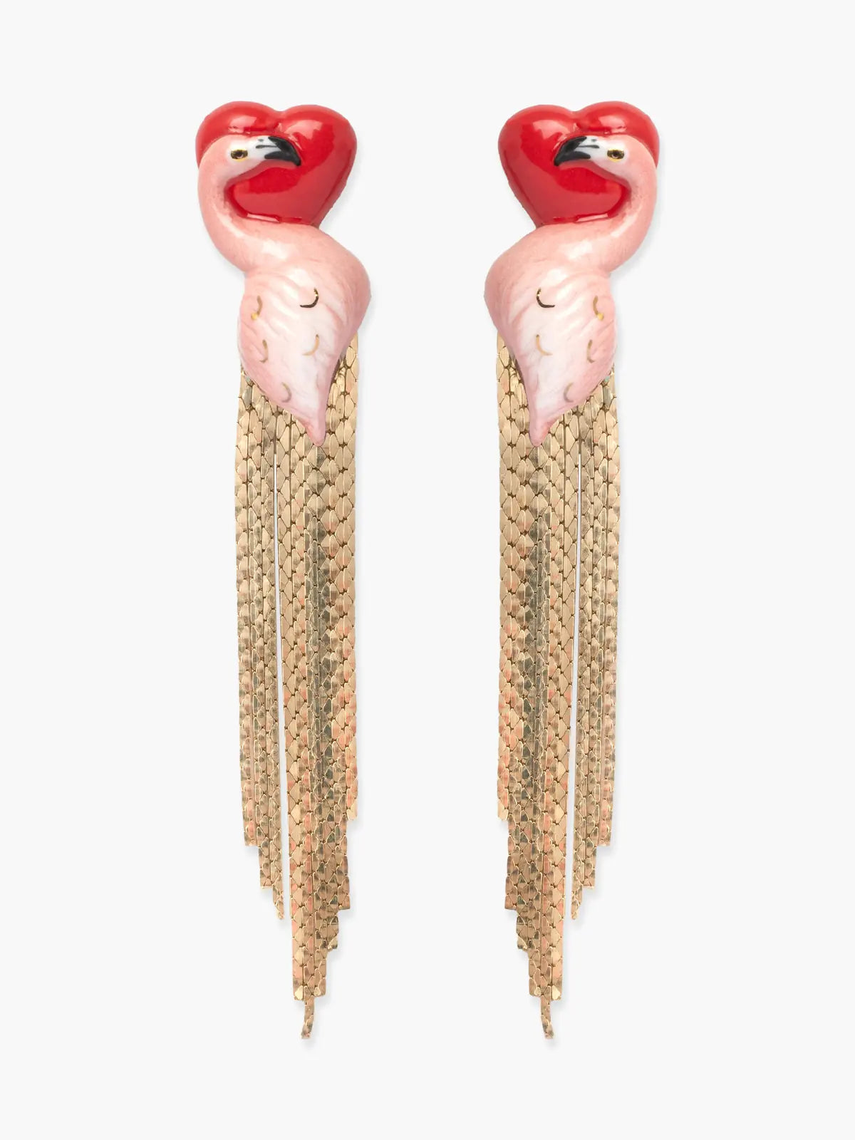 Orecchini con frange a forma di fenicottero e cuore - 15 anni