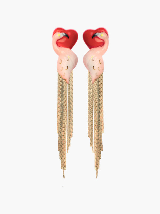 Boucles d'oreilles flamant rose et cœur à franges - 15 ans