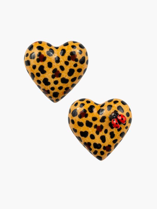 Boucles d'oreilles puces - Cœur léopard et coccinelle 15 ans