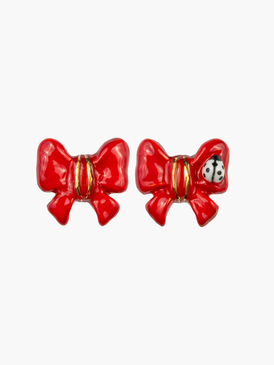 Boucles d'oreilles puces - Nœud et coccinelle 15 ans
