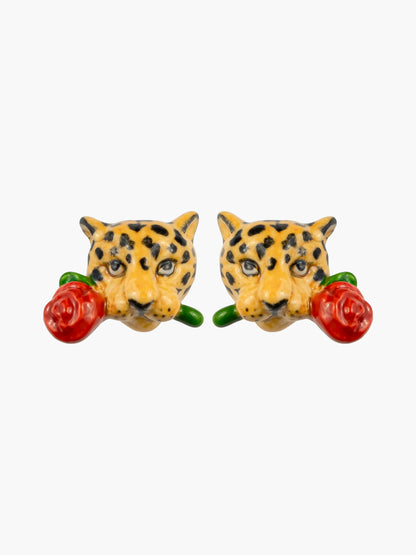 Boucles d'oreilles puces - Léopard et rose 15 ans