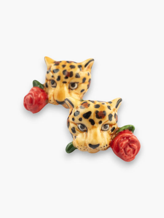 Boucles d'oreilles puces - Léopard et rose 15 ans