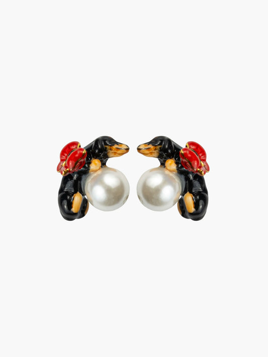Boucles d'oreilles puces - Chien teckel et perle 15 ans
