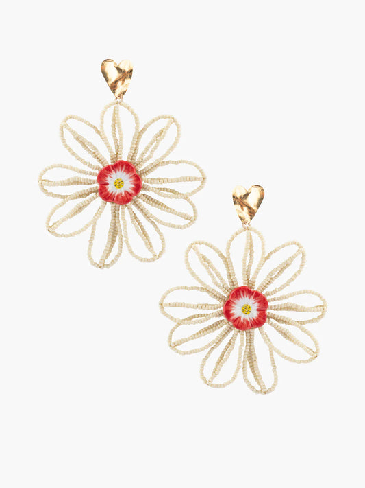 Beaded heart and flower dangle earrings