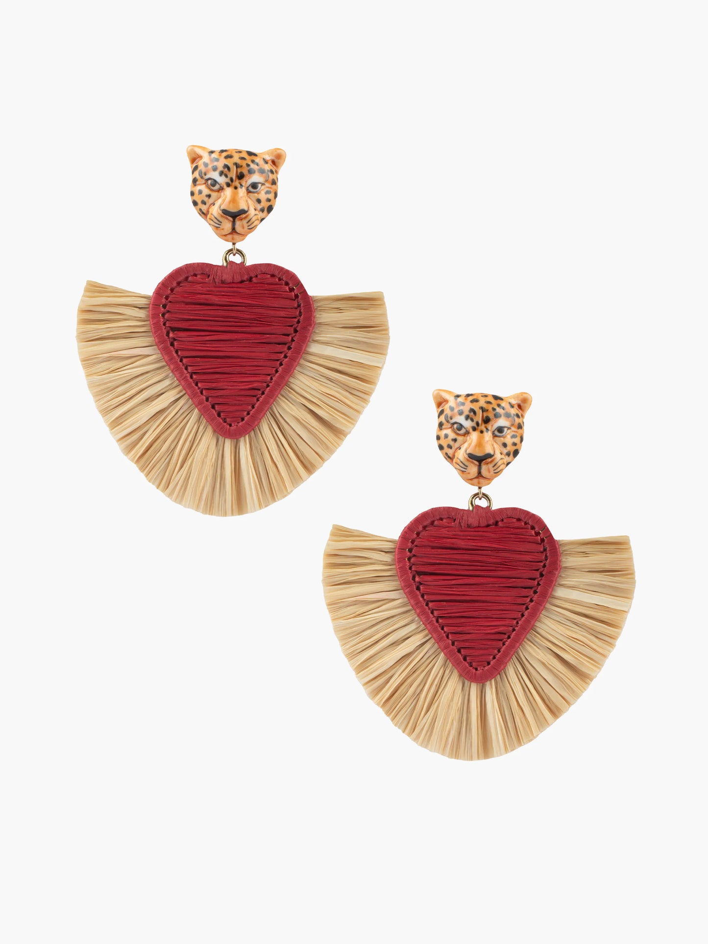 Boucles d'oreilles pendantes guépard et cœur raphia