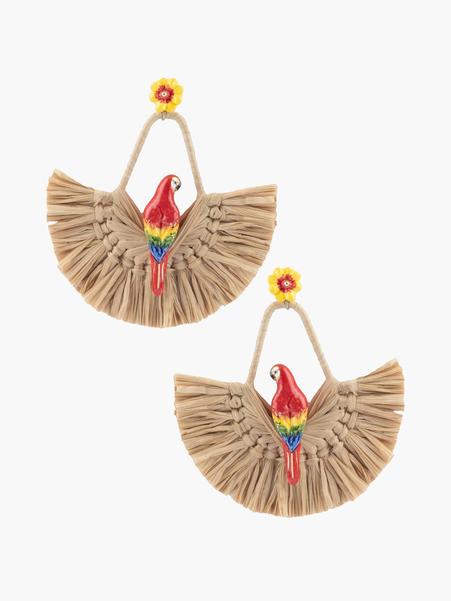 Boucles d'oreilles pendantes fleur jaune et perroquet rouge