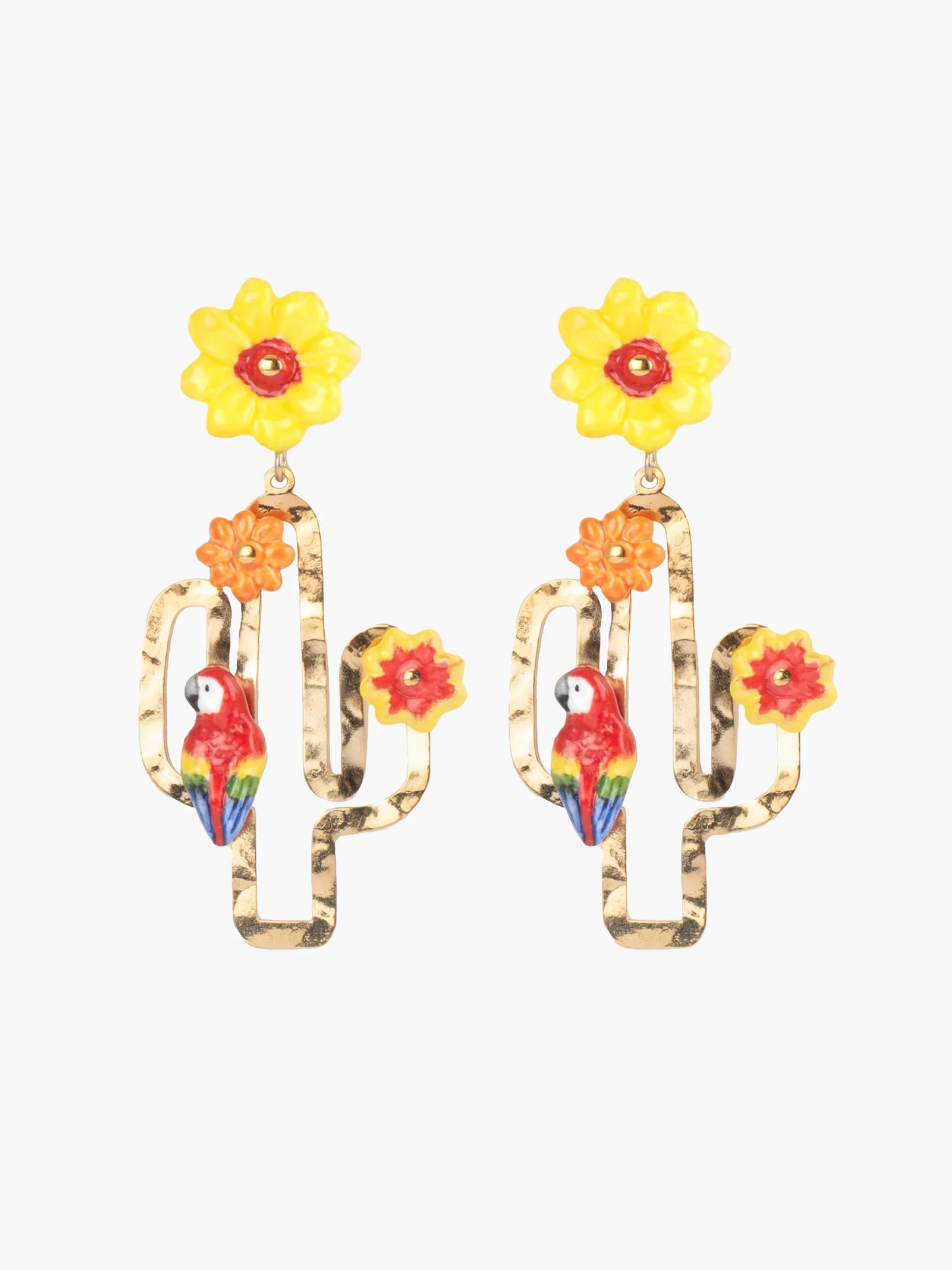 Boucles d'oreilles pendantes fleurs et perroquet cactus métal