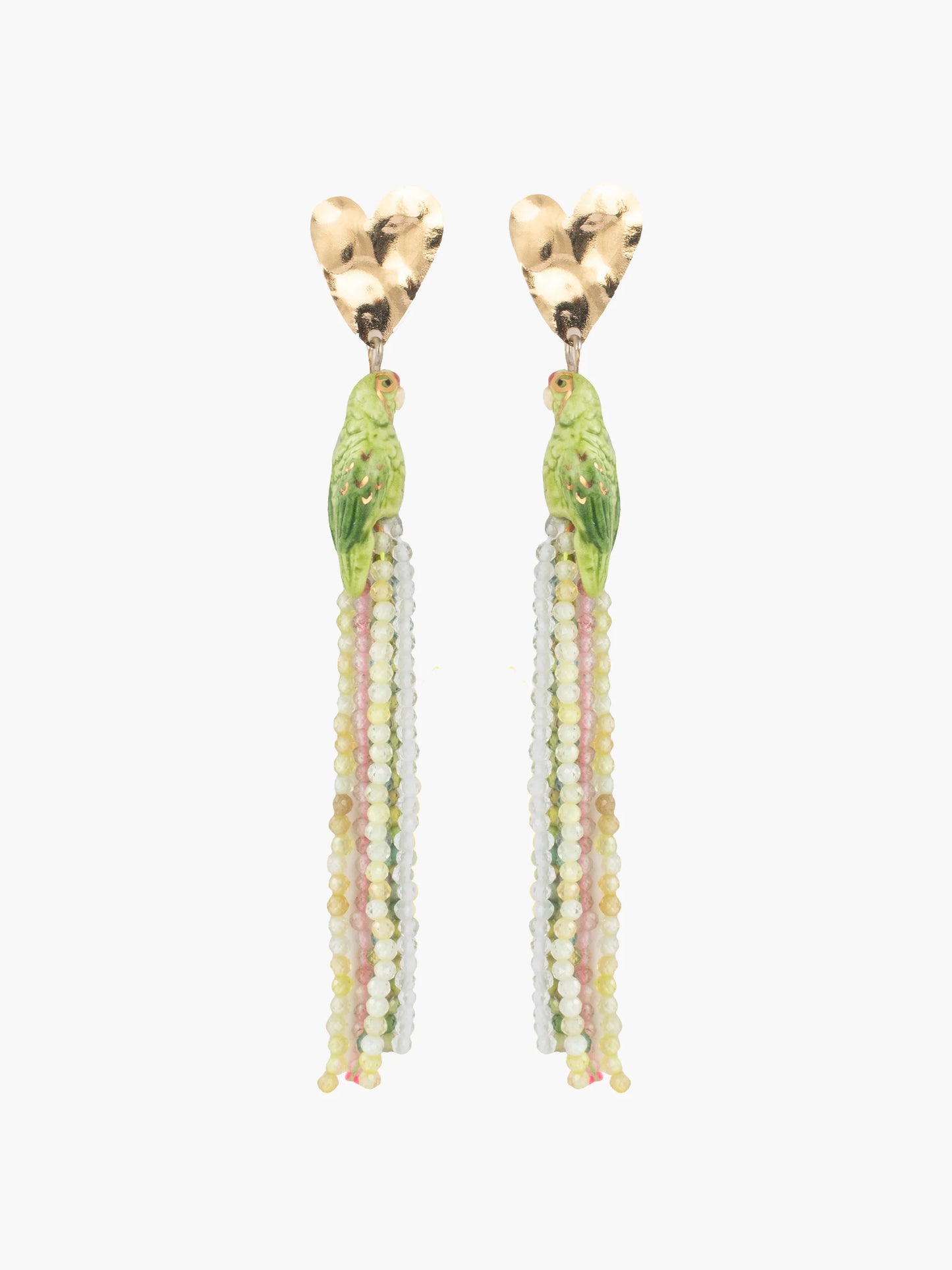 Boucles d'oreilles pendantes perroquet amazone et franges