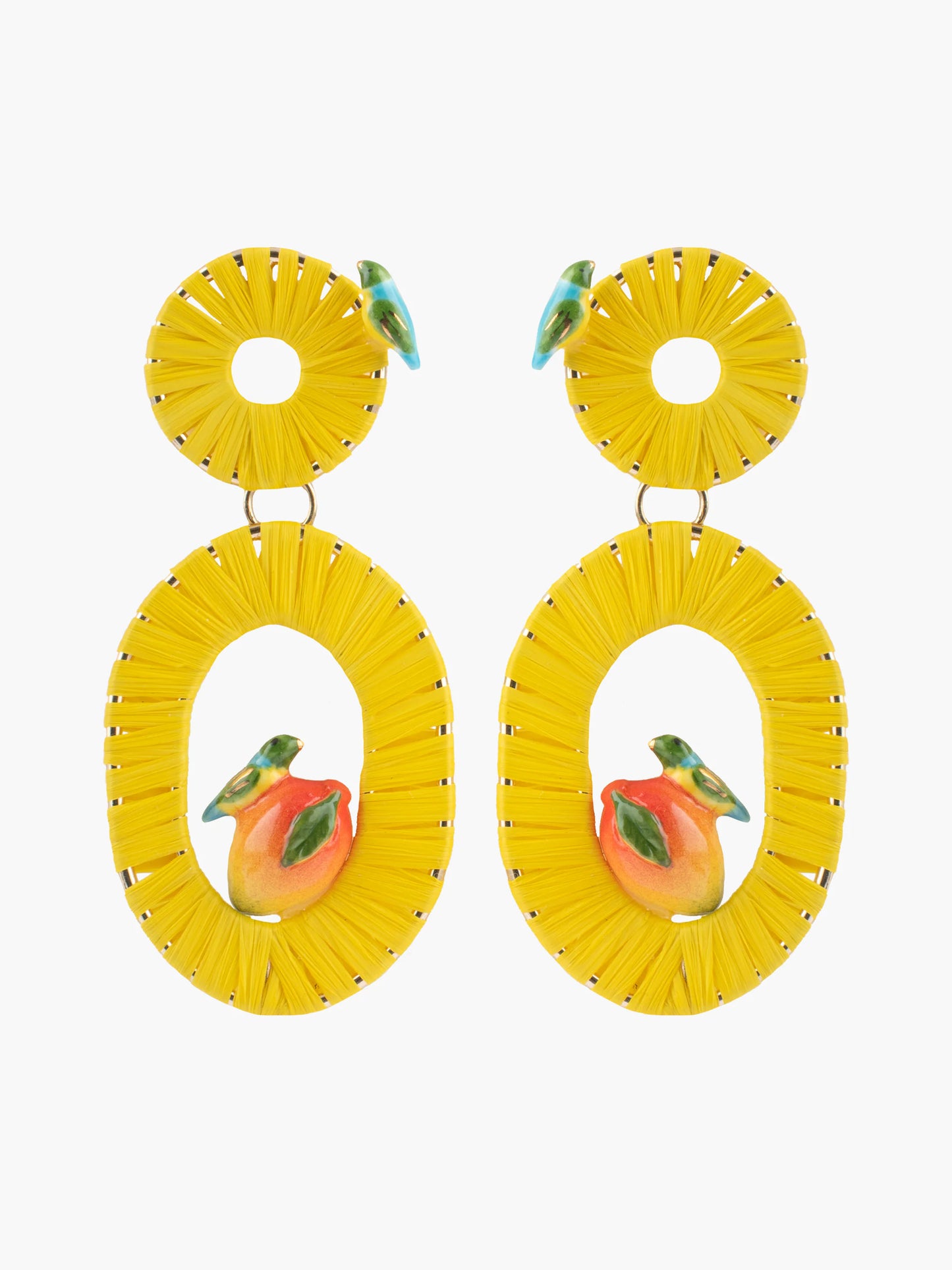 Boucles d'oreilles pendantes mangue et perroquet sur raphia jaune