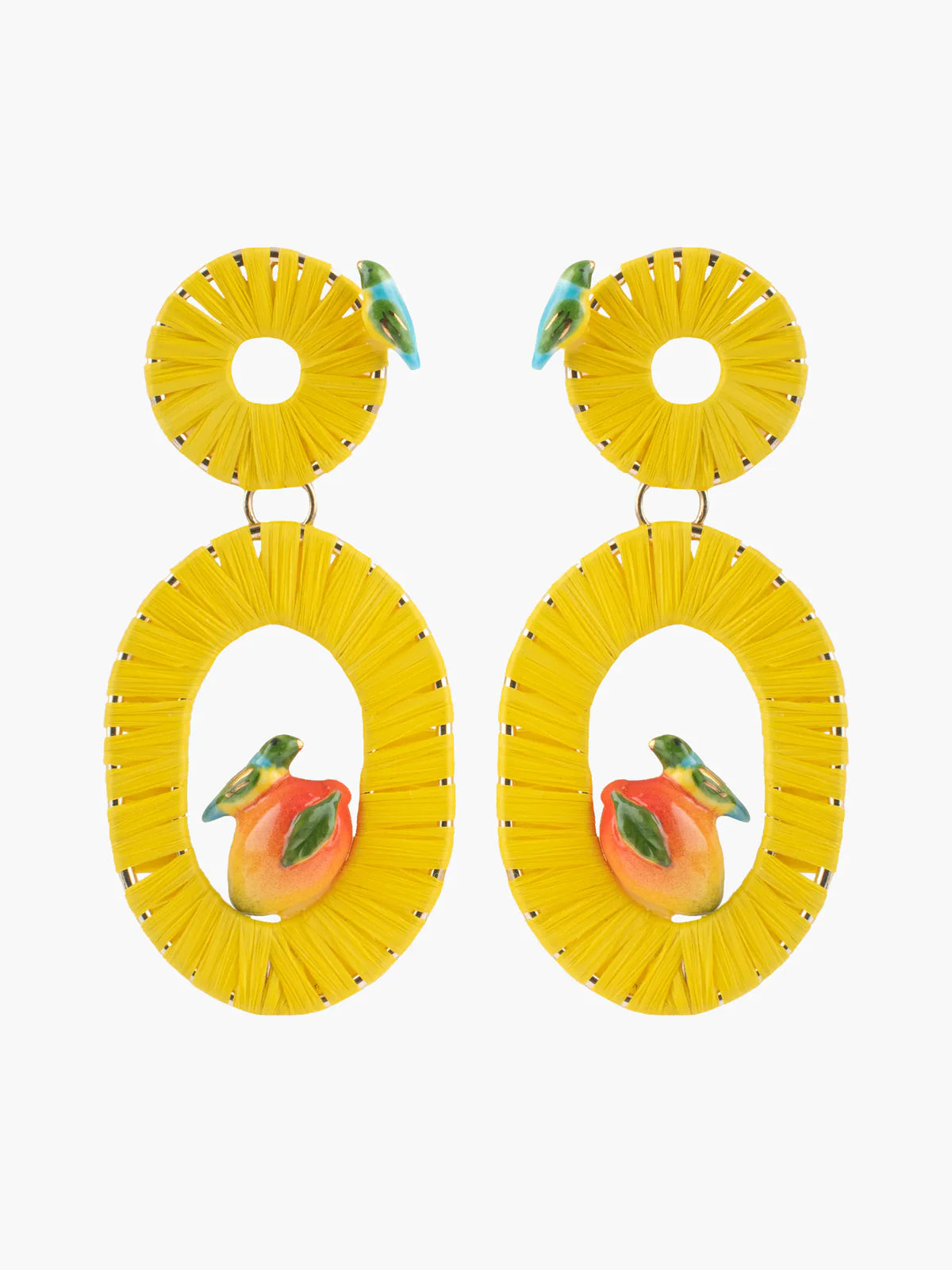 Boucles d'oreilles pendantes mangue et perroquet sur raphia jaune