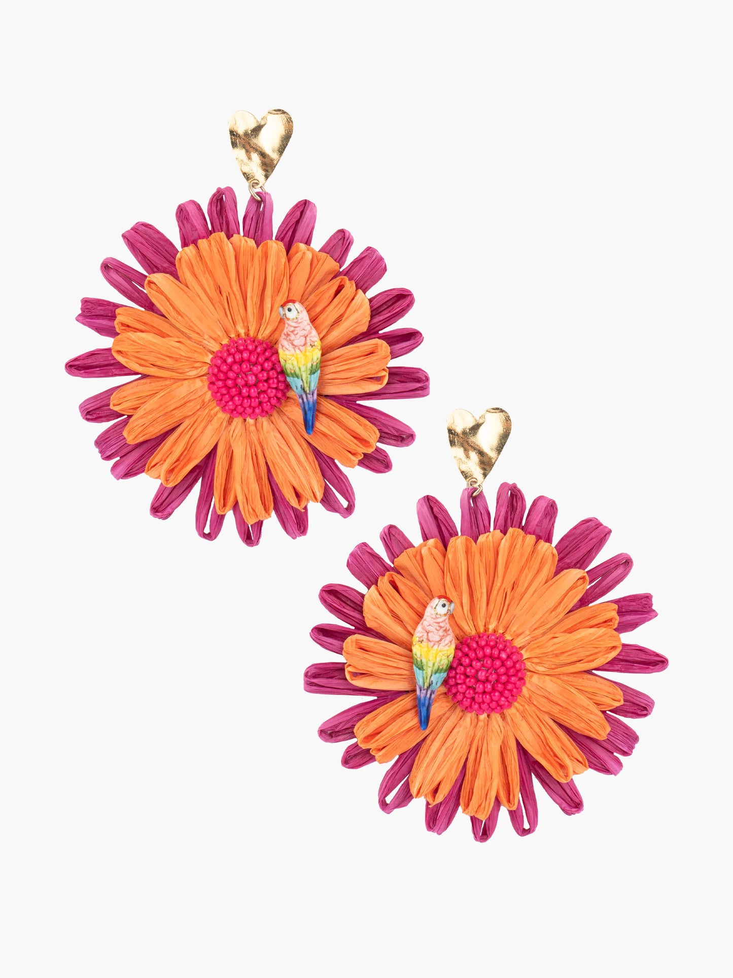 Boucles d'oreilles pendantes perroquet et fleur de raphia