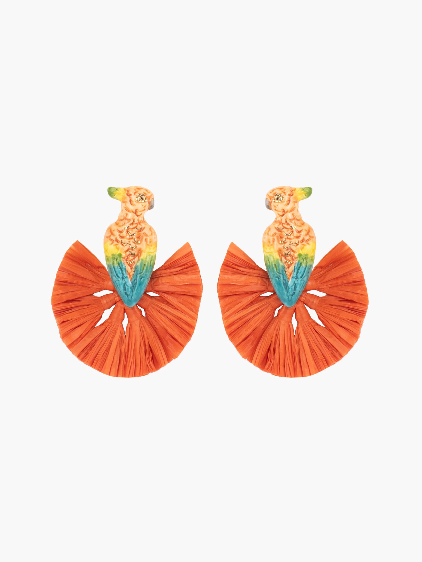 Boucles d'oreilles puces - cacatoès orange et raphia