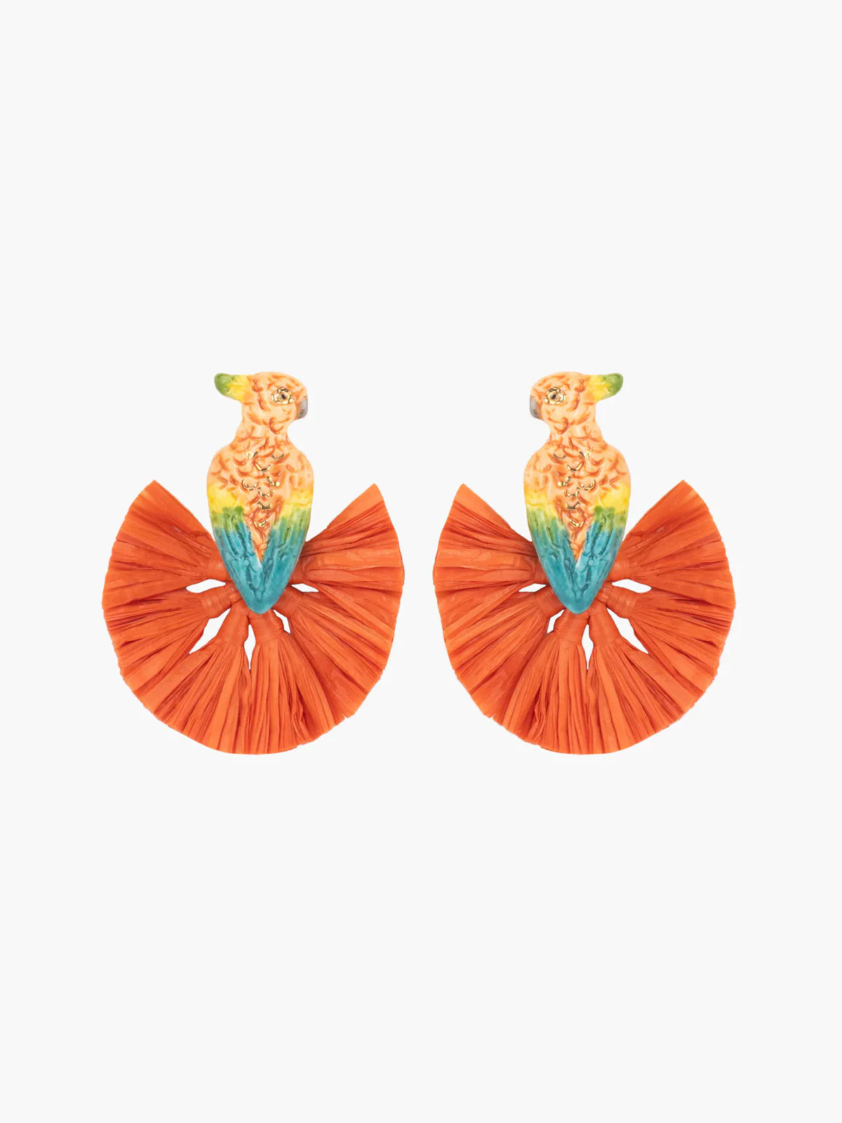 Boucles d'oreilles puces - cacatoès orange et raphia