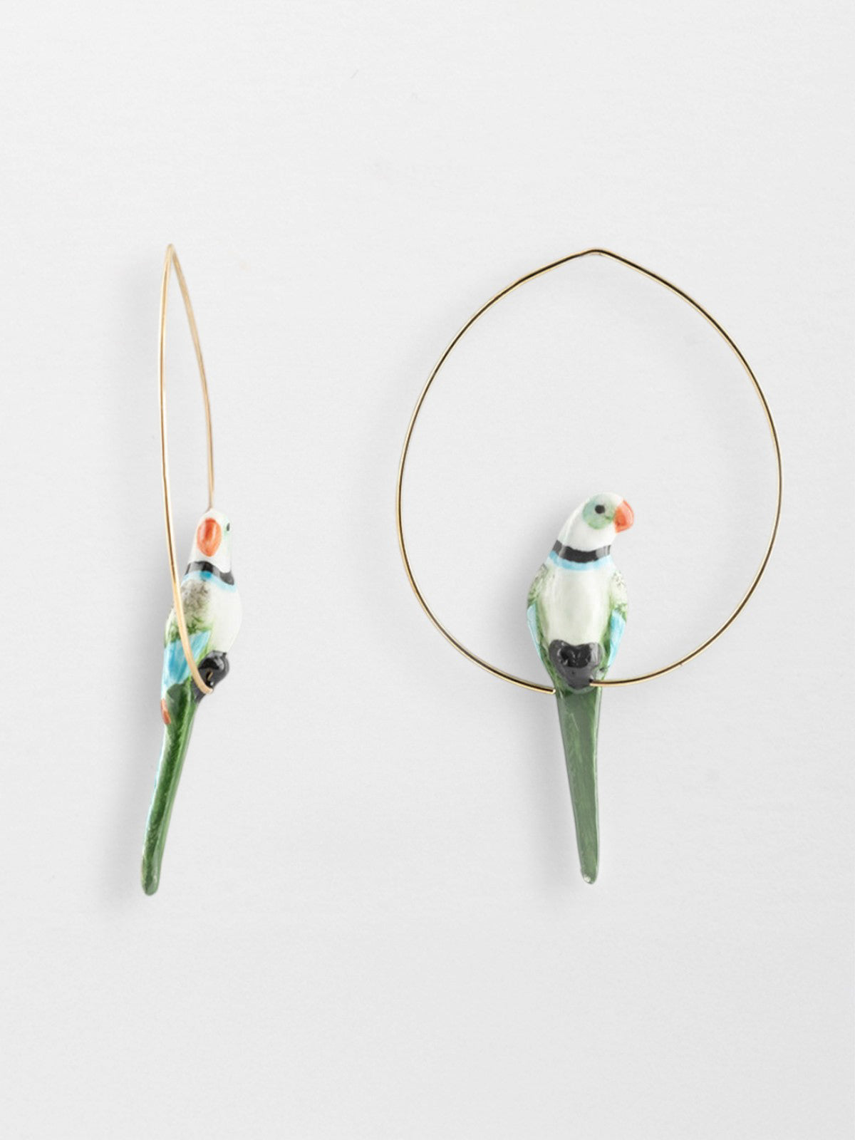 Large blue and green parrot hoop earrings