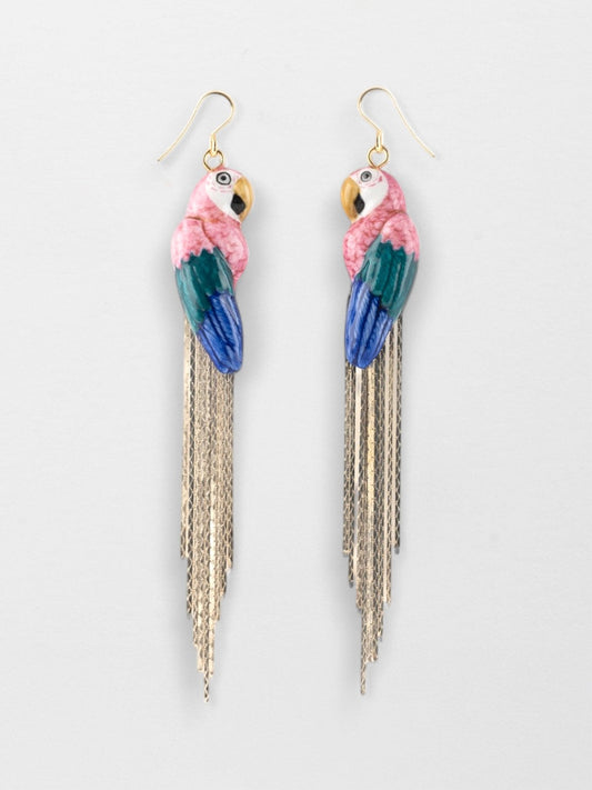 Orecchini pappagallo rosa con frangia
