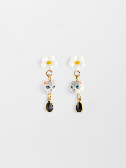 Orecchini con gatto soriano e fiore con nappa